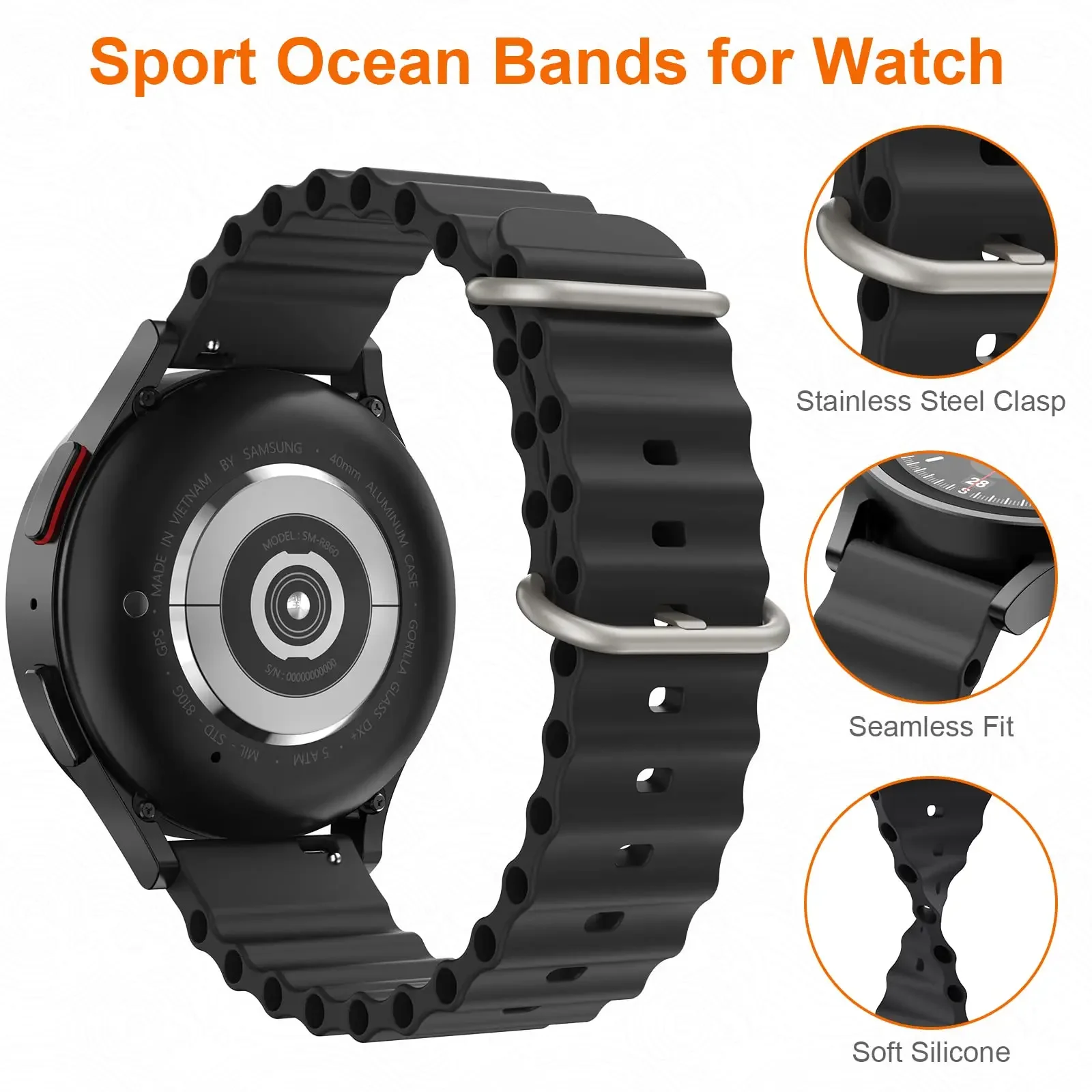 Silicone Ocean Strap - 20mm/22mm Size Adjustable Fitness Watch Band Bracelet