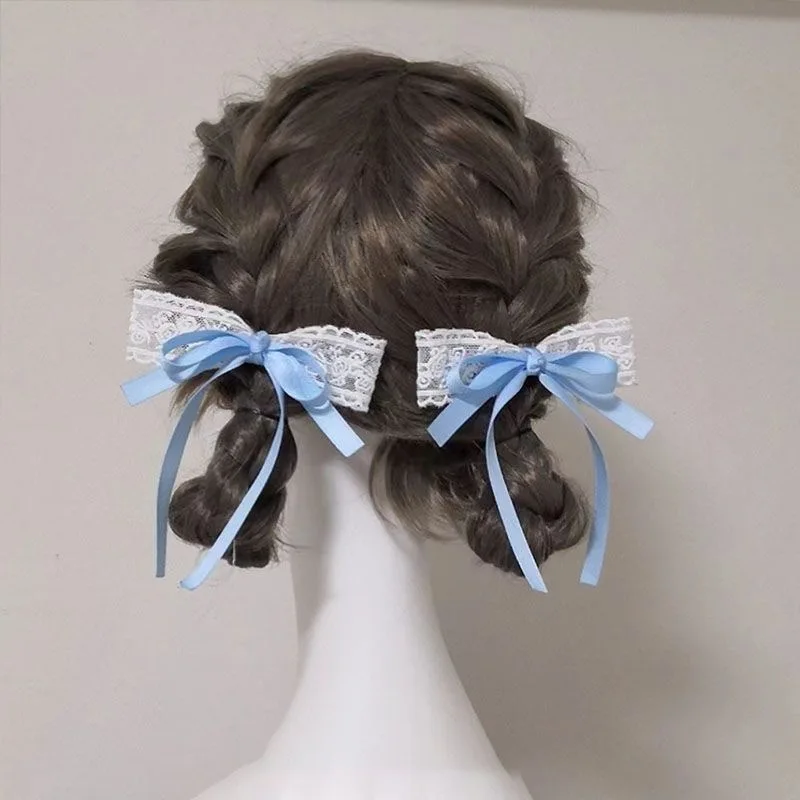 

Pink/Blue 2pc Cute Lace Bow Ribbon Hairpin Double Ponytail Japanese Sweet Girl Side Headband Clip Lolita Broken Hair Accessories