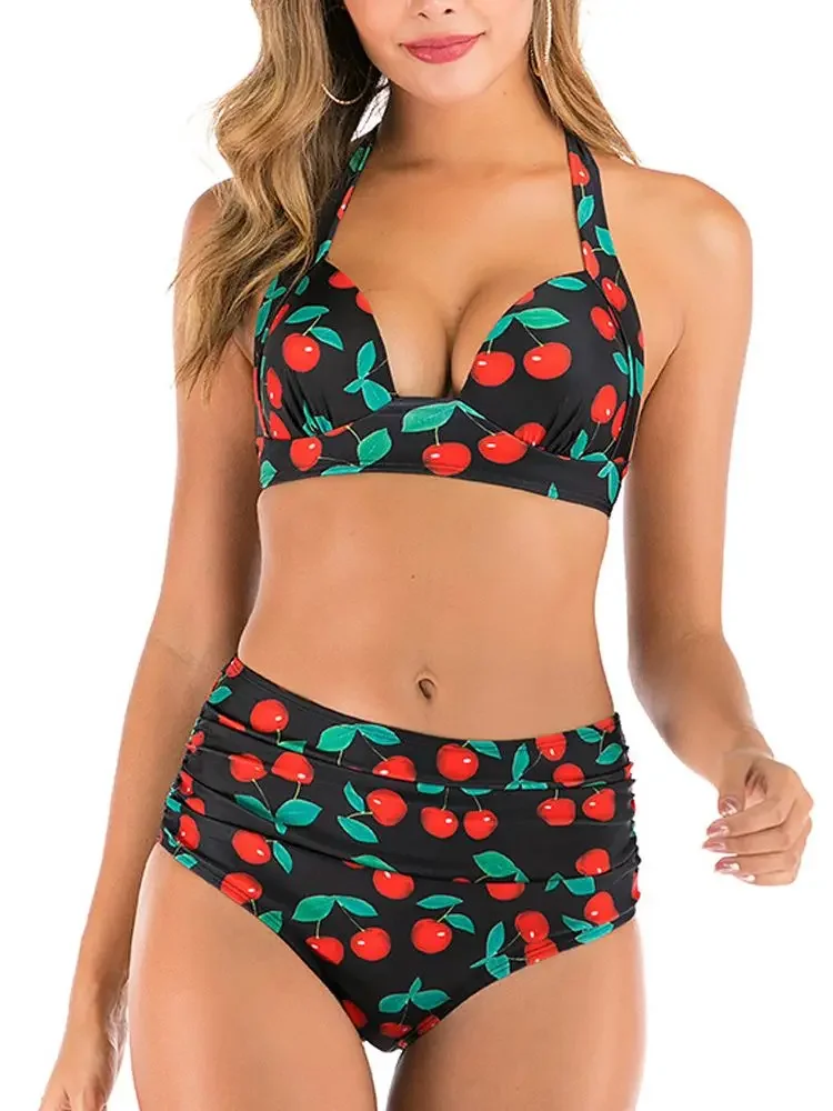Cherry Print High Waist Bikini 2024 Push Up Swimsuit Women Swimwear Female Halter Bathing Suit Vintage Swimming Suit Biquinis