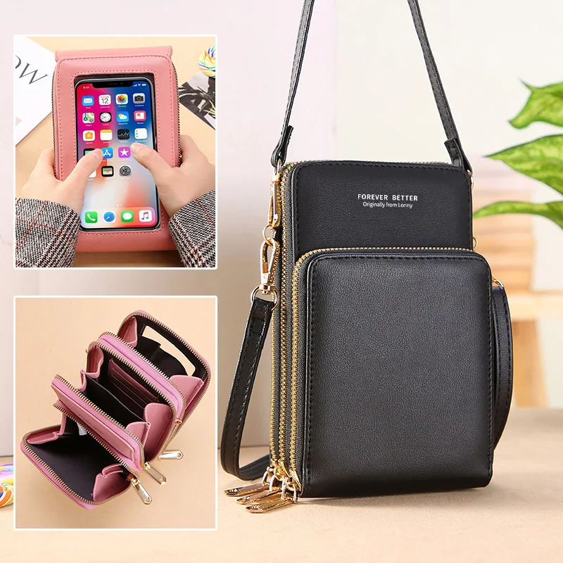 

Large-capacity Touch-screen Cell Phone Bag Solid Color Mini Handbags Pu Leather Shoulder Crossbody Bags Zipper Wallets