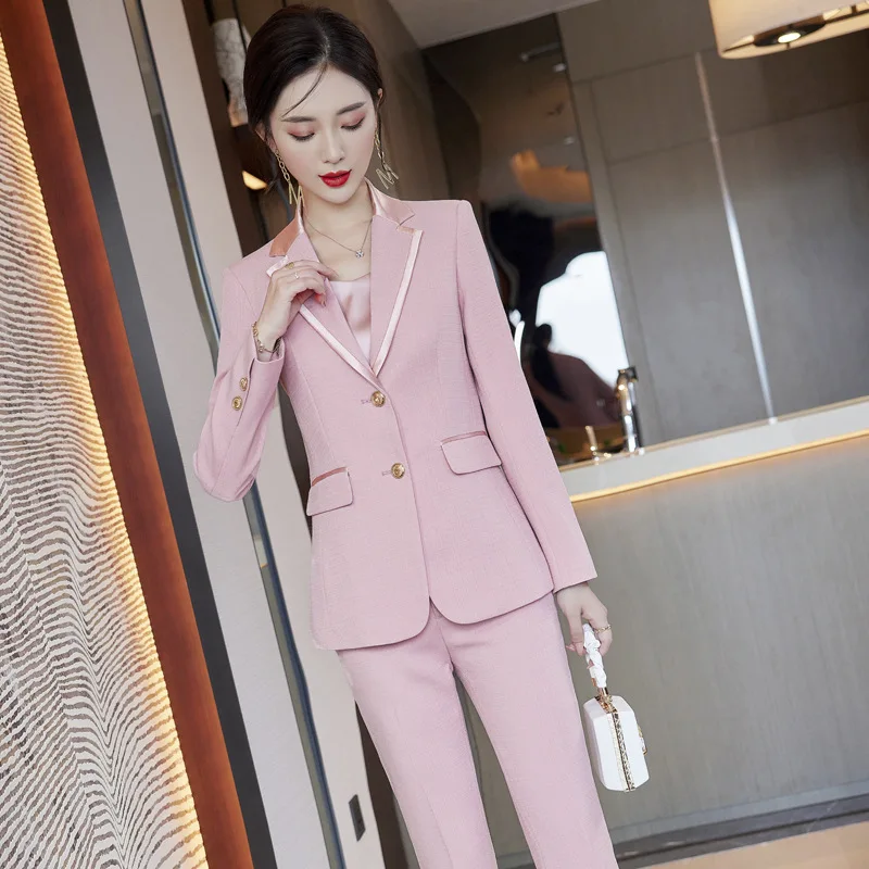 

Long Sleeve Two-Button Fashion Temperament Slim-Fit Pink Business Wear Beige Work Uniforms Two-Piece Set Women's Pants Suit