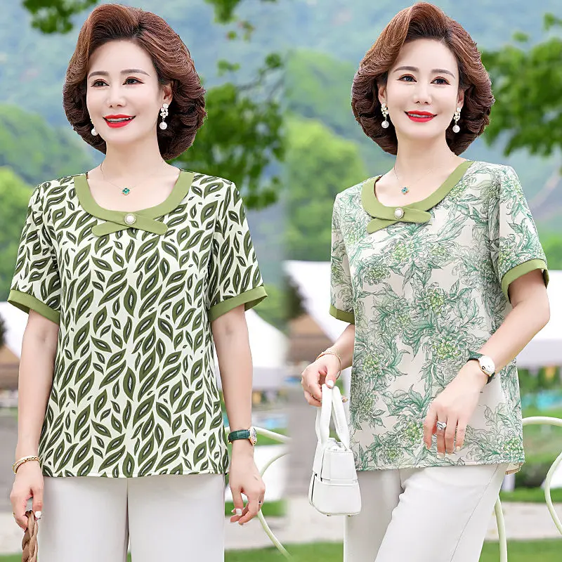 

2024 Summer Women's T-Shirt Vintage Casual Flower Print Fashion O Neck Pullover Short Sleeve Printed Loose Tops Design Tee S336
