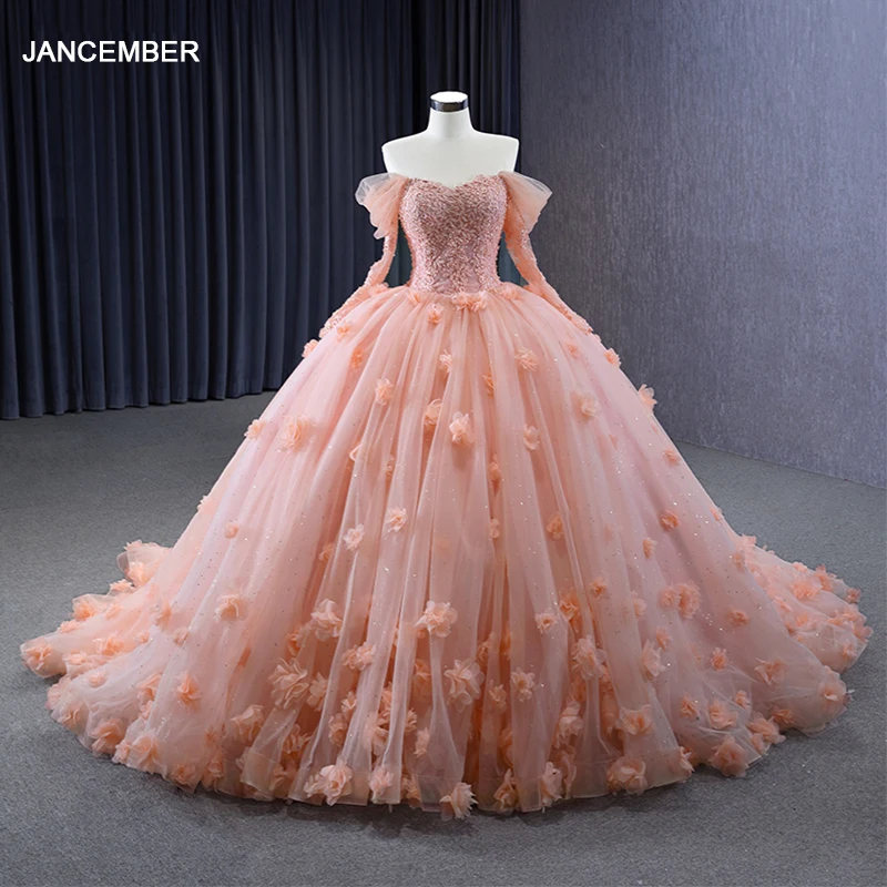 

Exquisite Luxury Wedding Guest Dress 2023 Ball Gown Off the Shoulder Full Sleeves Sweetheart RSM231096 3D Flower Lace Up