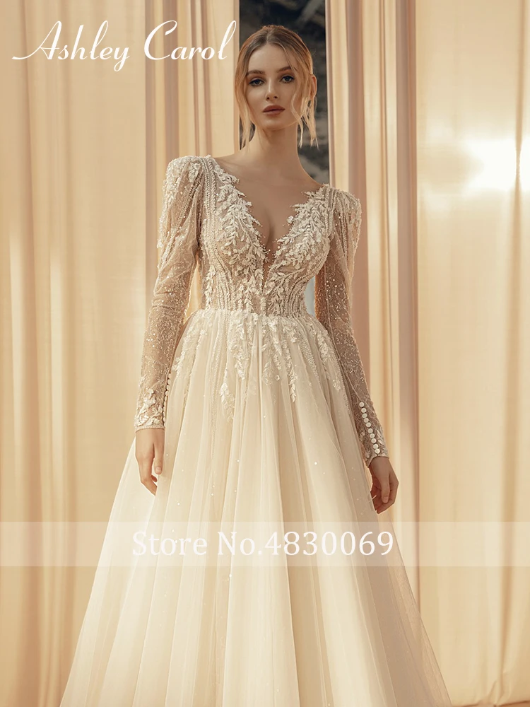 Ashley Carol Wedding Dresses For Bride Deep V-neck A-Line Lace Princess Appliques Brush Train Bridal Gowns Vestidos De Novia 5