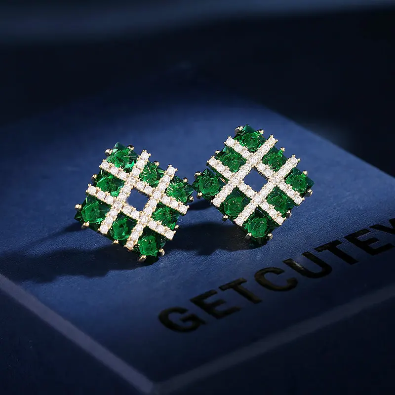 

Super Flashing Zircon Inlaid Earrings Geometric Square Diamond Stud Earrings LYX019