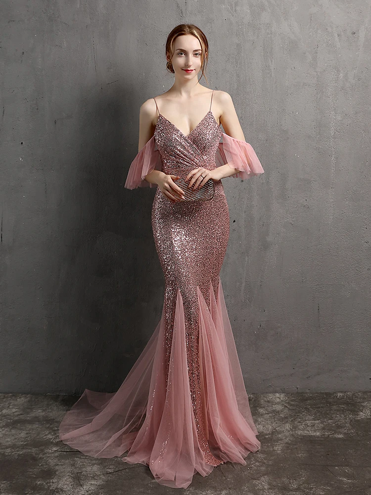 

XUCTHHC Spaghetti Strap Ruffle Sleeve Mermaid Evening Dress V Neck Sequins Party Prom Pink Floor Length Vestidoes 2021 New