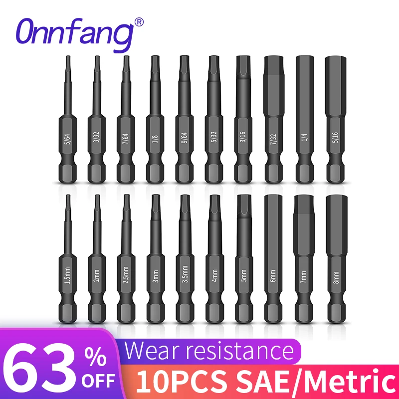 10 Pcs SAE/Metric Hex Head Allen Wrench Drill Bit Set 1/4" Diameter