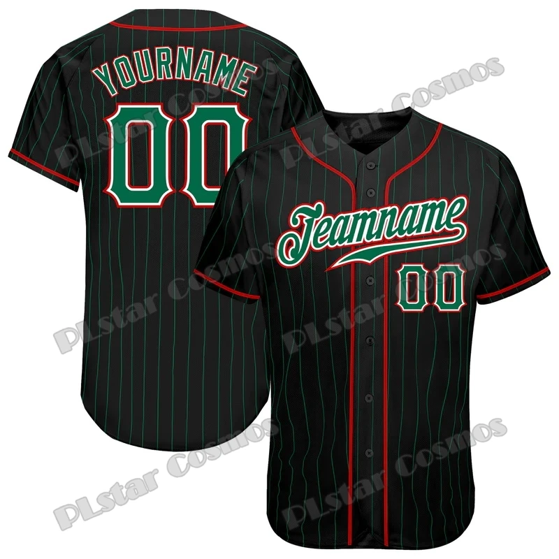 Black Green Pinstripe Mexico Pattern Custom Name 3D Printed Fashion Men's Baseball Jersey Casual Hip Hop Baseball Shirt BQW06