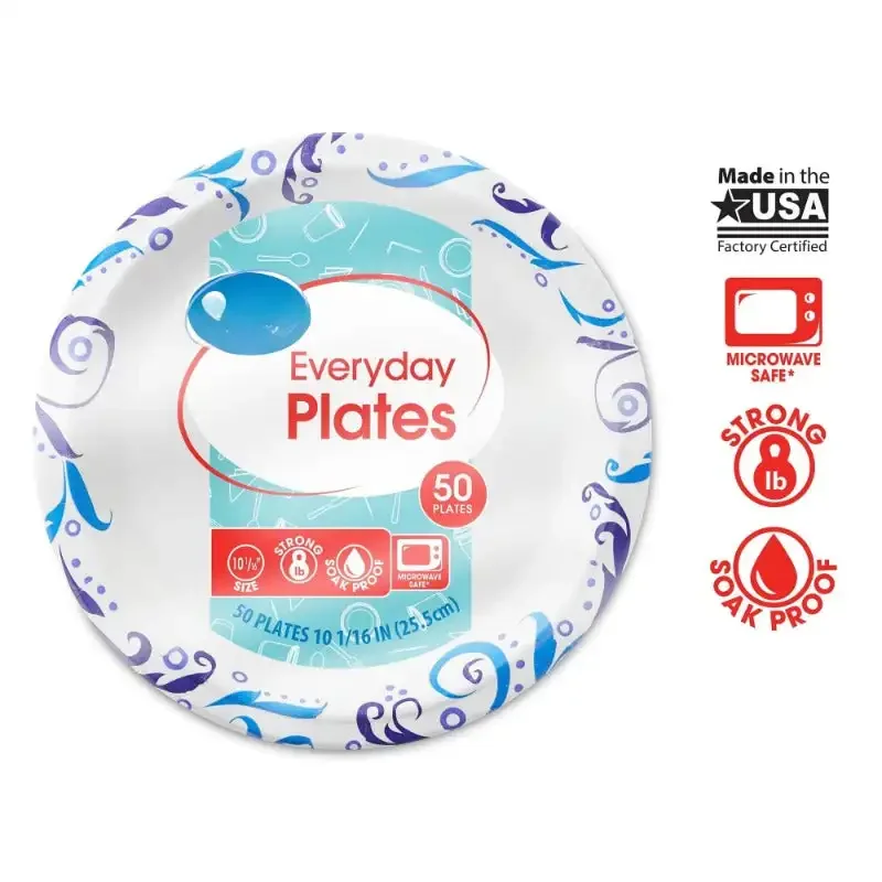 Everyday Strong, Soak Proof, Microwave Safe, Disposable Paper Plates, 10 in, Patterned, 50 Count