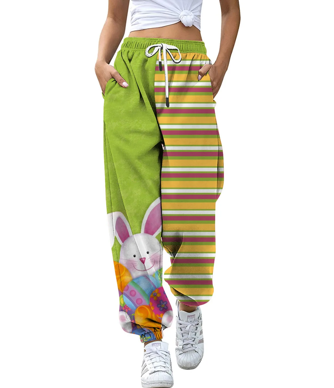 

Green Stripe Rabbit Print Y2k Sweatpants Women Pants Wide Leg Elastic Waist Streetwear Casual Joggers Women Spring Thin Trouser