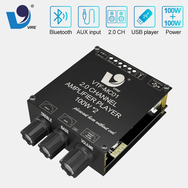 Audio amplifier board VIRE Dual Channel Bluetooth 5.3 TPA3116 Home Audio Power Amplifier Board 12V / 24V High Power Digital 2*100W Stereo Amp Module