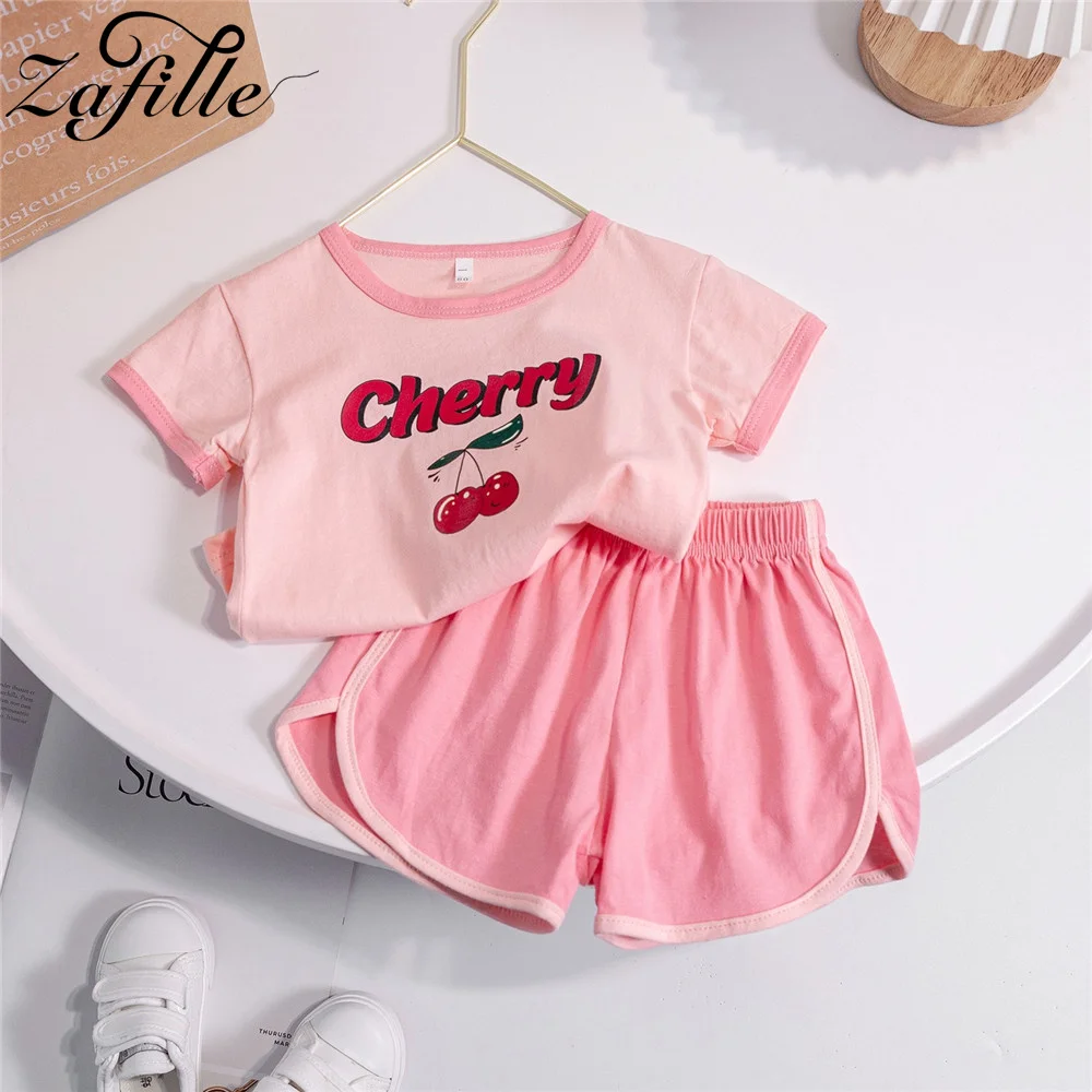 

ZAFILLE Cherry Girls Set Summer Baby Clothes 2pcs Korean Style Kids Toddler Costume Casual Children's Girls Clothing Top+Shorts