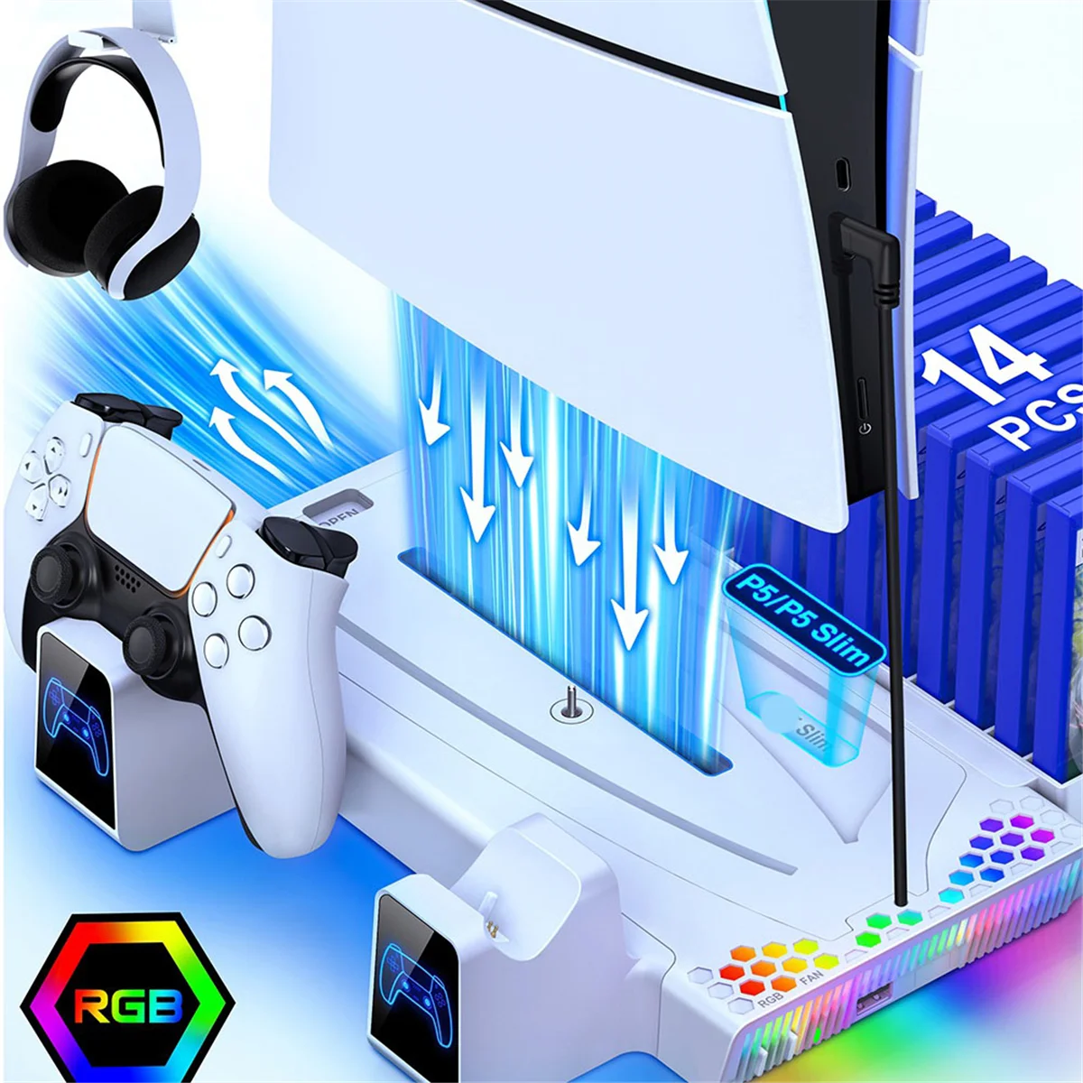 S3000 RGB Vertical Stand Cooling Station Controller Charger for PlayStation 5 Slim/PlayStation 5 Digital/Disc-ABRJ