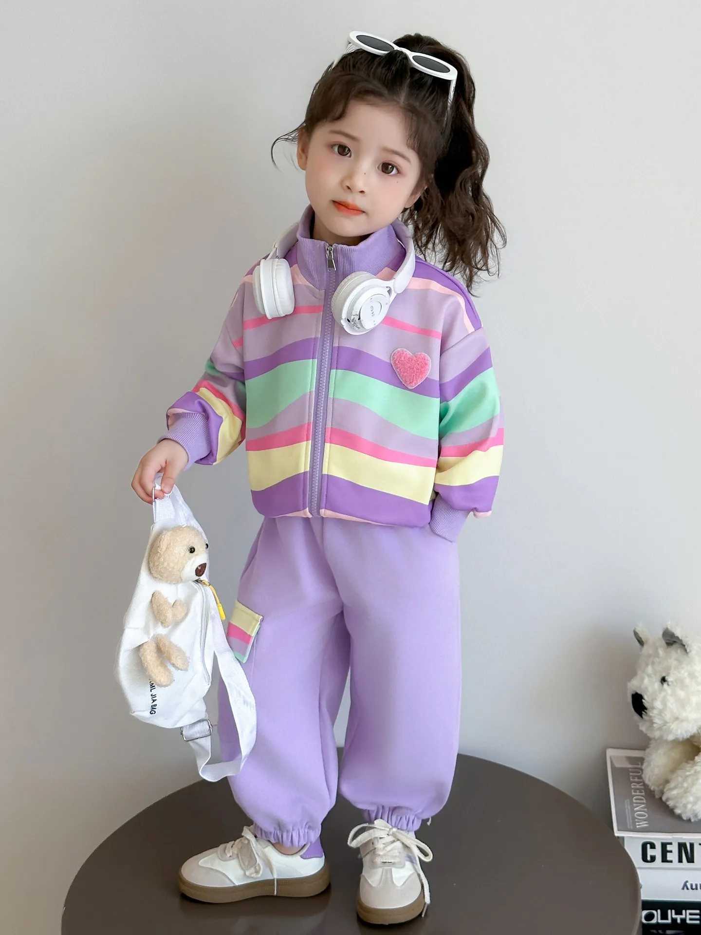 여아 봄 가을 스포츠 세트 컬러 스트라이프 긴팔 러브 가디건 스트레이트 팬츠 패션 귀여운 아동 투피스 세트