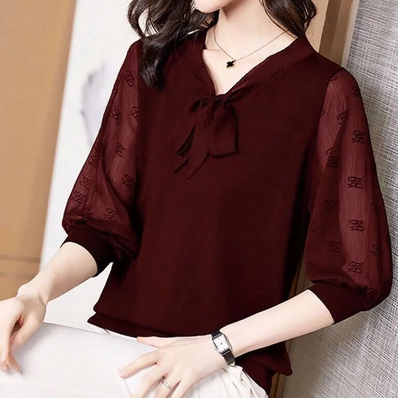 Lace-up Bow Pullover Chiffon Gauze Spliced Women Blouse Hollow Out Printing Thin Office Lady Spring Summer Plus Size Elegant