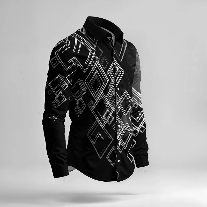 2025 Trendy Men Shirt Set Geometry Print Summer Fashion Simple Two Piece Set Mens Gradient Lightweight Party Long Sleeves Suit_voghion.com