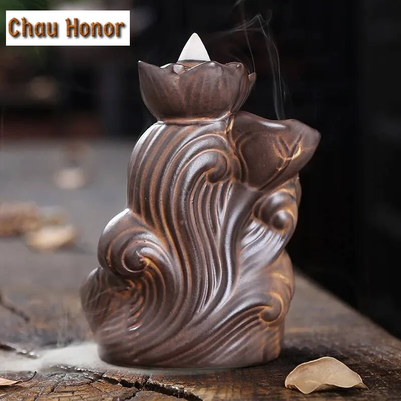 Retro Lotus Fountain Incense Holder Burner Waterfall Backflow Home Decor Buddhist Aroma Censer for Tea House Living Room Decor