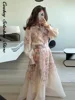 Elegant Printed Long Skirt Set Women Loose Flower Button Full Sleeved Shirt Pleated A-line Skirts 2025 Summer Party Lady Outfits 1