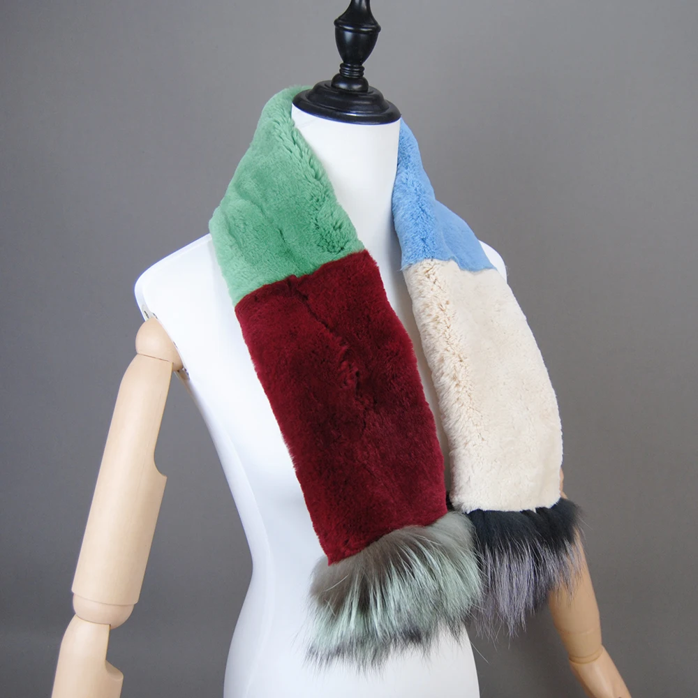Winter Women Genuine Knitted Fox Fur Scarf Real Rex Rabbit Fur Collar Warm Neck Natural colorful Rex Rabbit Scarves