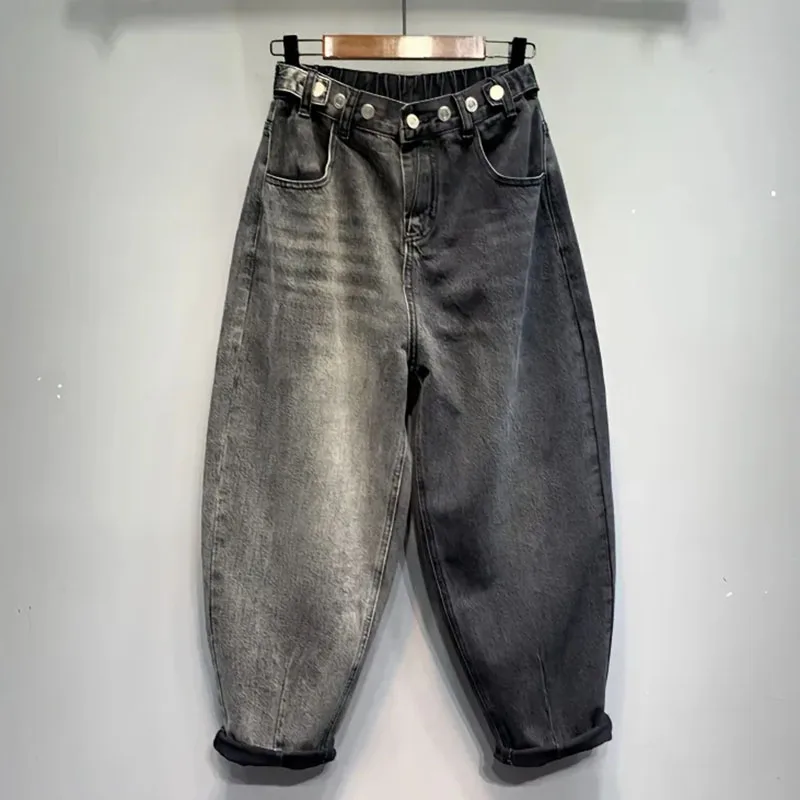 

Джинсы женские оверсайз с регулируемыми пуговицами, дизайнерские брюки-султанки с эластичным поясом, свободные повседневные спортивные штаны из денима, весна-осень