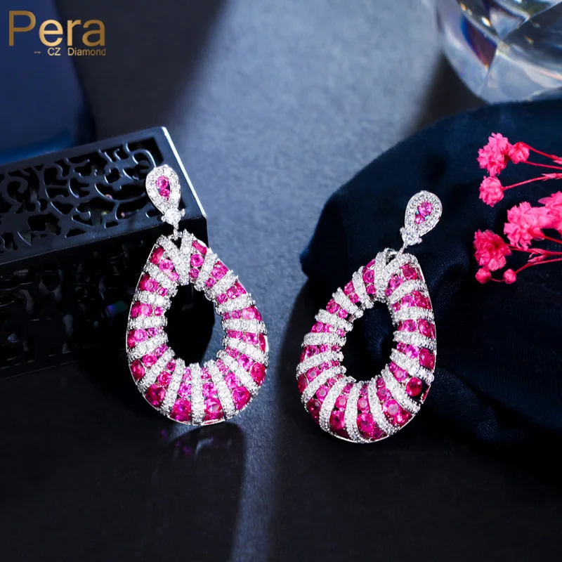 

Pera Fashion Hot Pink CZ Crystal Elegant Summer Party Jewelry Long Dangle Lollipop Color Style Drop Earrings for Women E908