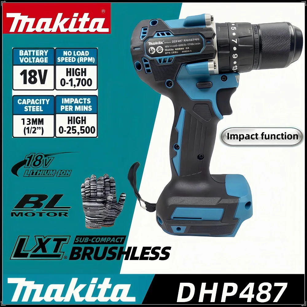 Makita DHP487 13mm cordless impact drill 18V electric variable speed brushless motor impact power tool drill