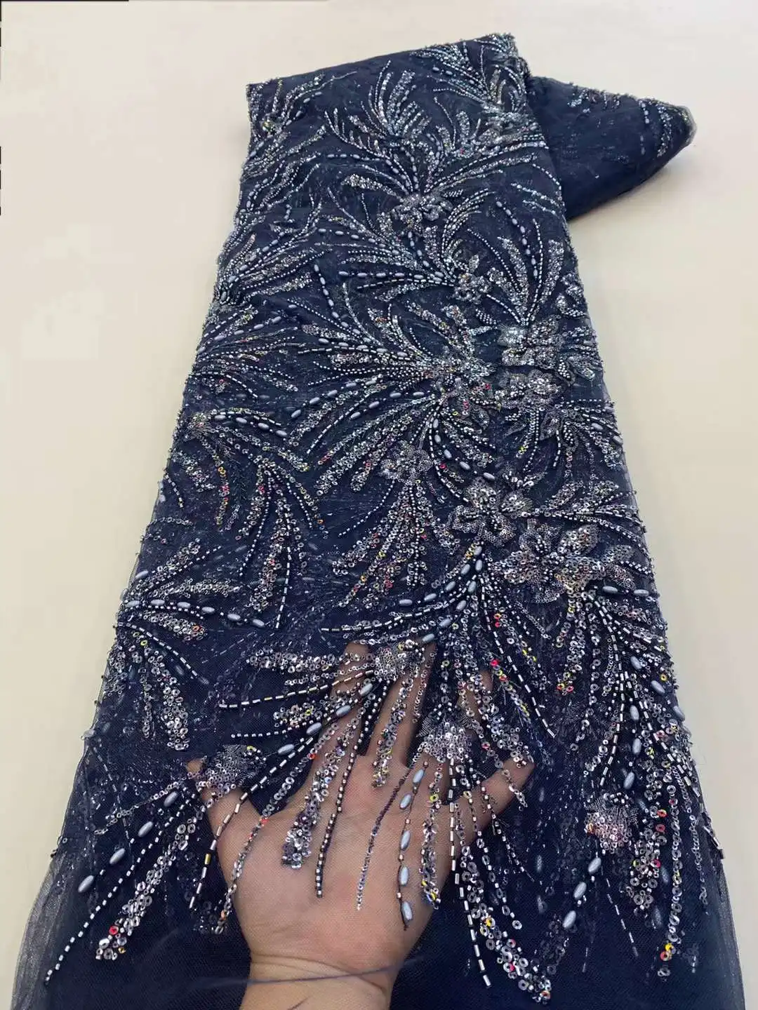 

Bule African Handmade Beads Sequins Lace Fabric 2023 High Quality French Groom Embroidery Nigerian Net Lace Fabrics For Sewing