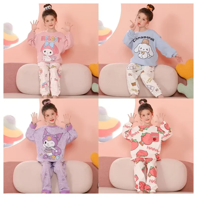 

Пижама хлопковая Sanrioed Kawaii для девочек, аниме My Melody Cinnamoroll Kuromi, милые штаны с круглым вырезом и длинными рукавами, домашняя одежда