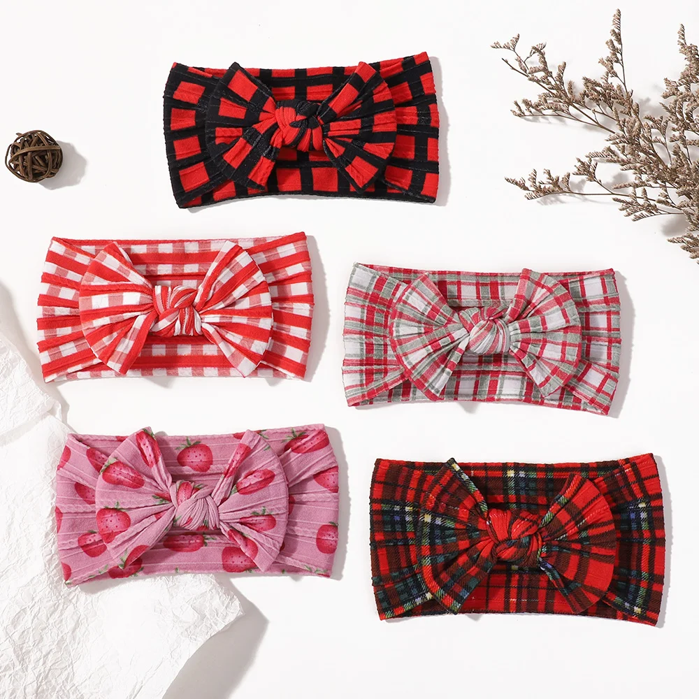 1pcs 5colors Amazon's new red plaid baby soft elastic headband fabric baby bow headband Hair Accessories 6