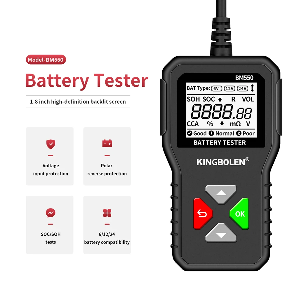 BM550 Car Battery Tester 6V 12V 24V 100-2000 CCA 2Ah-220Ah System Detect Auto Analyzer Tool PK KW208 |
