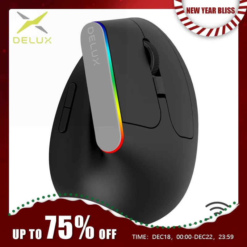 Delux 무선 무소음 인체공학적 수직 게이밍 마우스, PC 노트북용 광학 마우스, USB 리시버, RGB 1600 DPI, 6 버튼, M618C