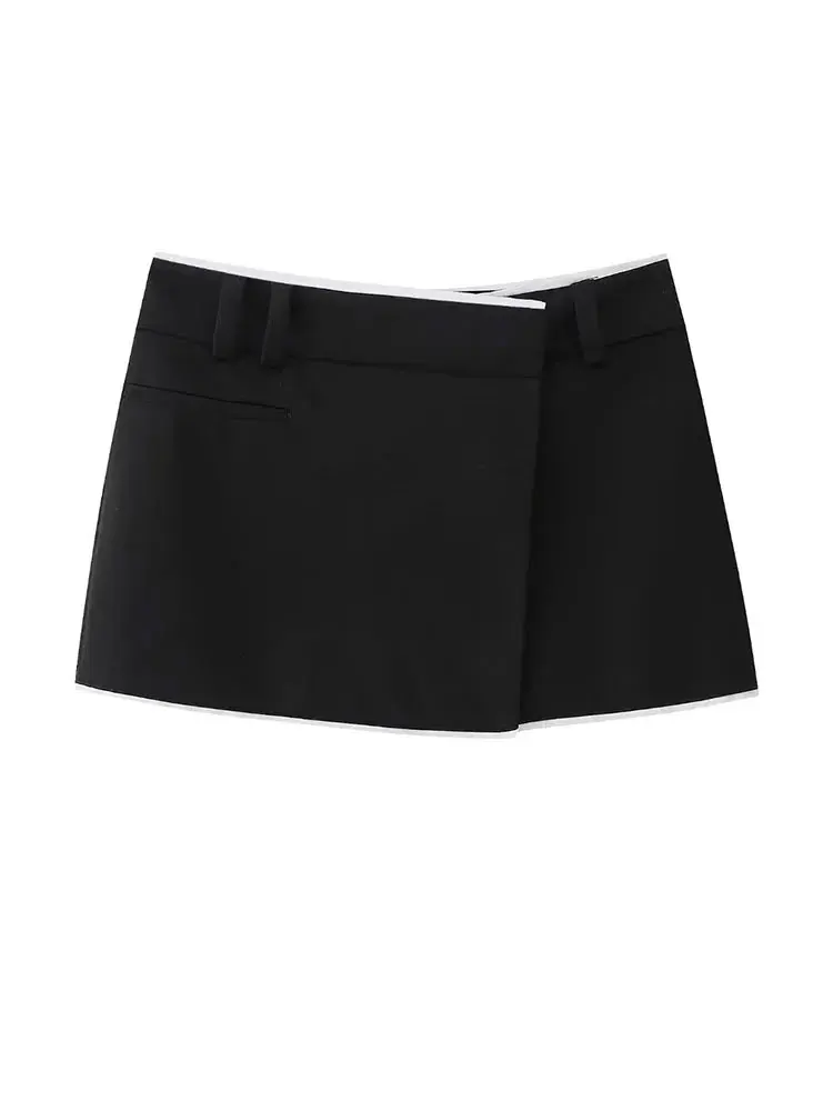 

2024 Women's Vintage Solid Spring Mini Pantskirts Asymmetrical Black White Contrast High Waisted A-Line Shorts Elegant Culottes