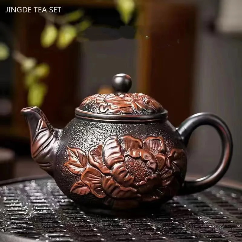 Purple Pottery Relief Teapot Hand-carved Dragon Pattern Beauty Kettle Traditional Ball Hole Filter Pot Chinese Zisha Tea Set