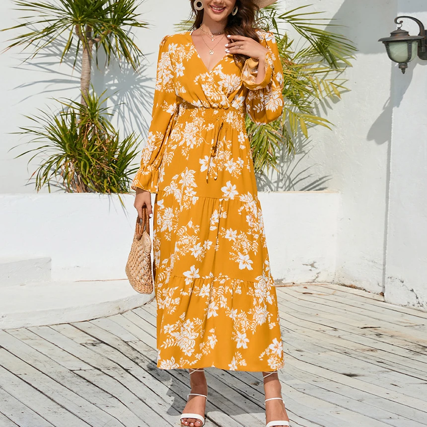 

New Spring and Summer V-neck Waistband Dress High Waist Long-sleeved Floral Skirt Floral Print Long Dress Plus Size