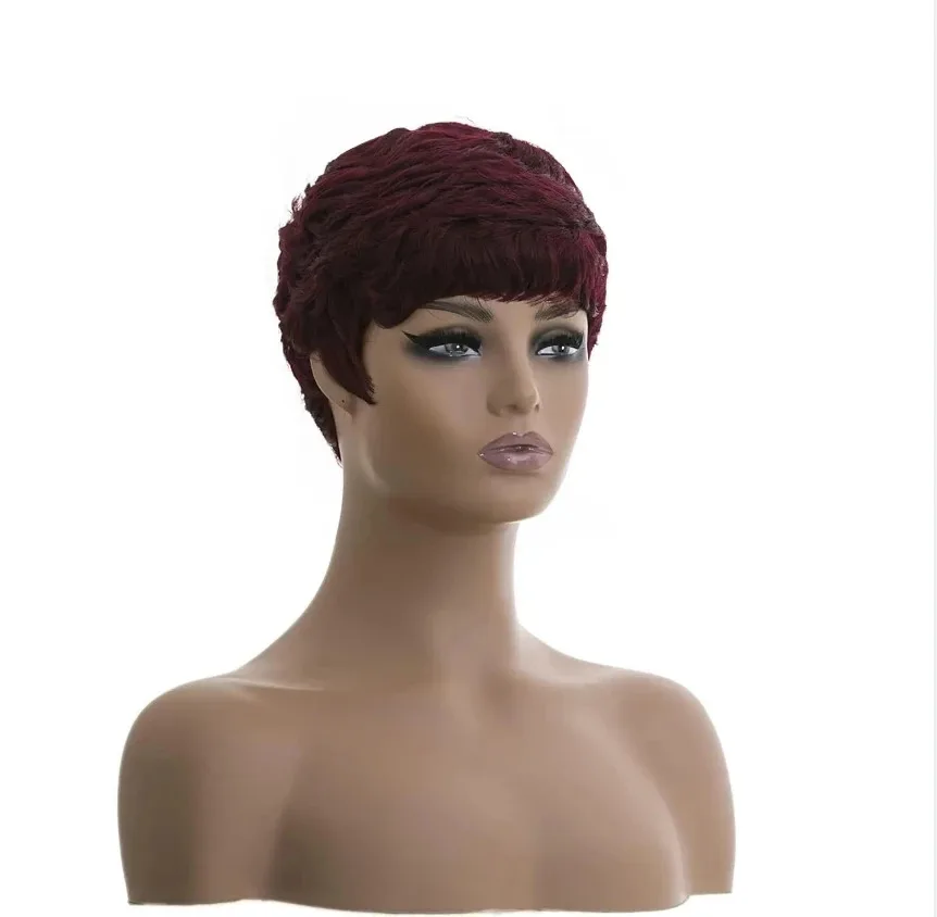 Human hair wigs LUXURIOUS Burgundy 99J Colored Short Bob Remy Human with Bangs Glueless Pixie Cut Full Machine Made