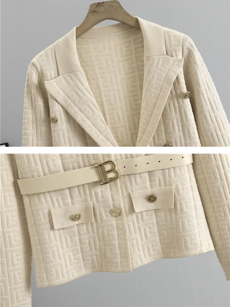 Chic Design Knitted 2 Piece Sets Women Single Breasted Knit Sweater Cardigan Tops With Belt Conjuntos High Waist Skirts Outfit 5
