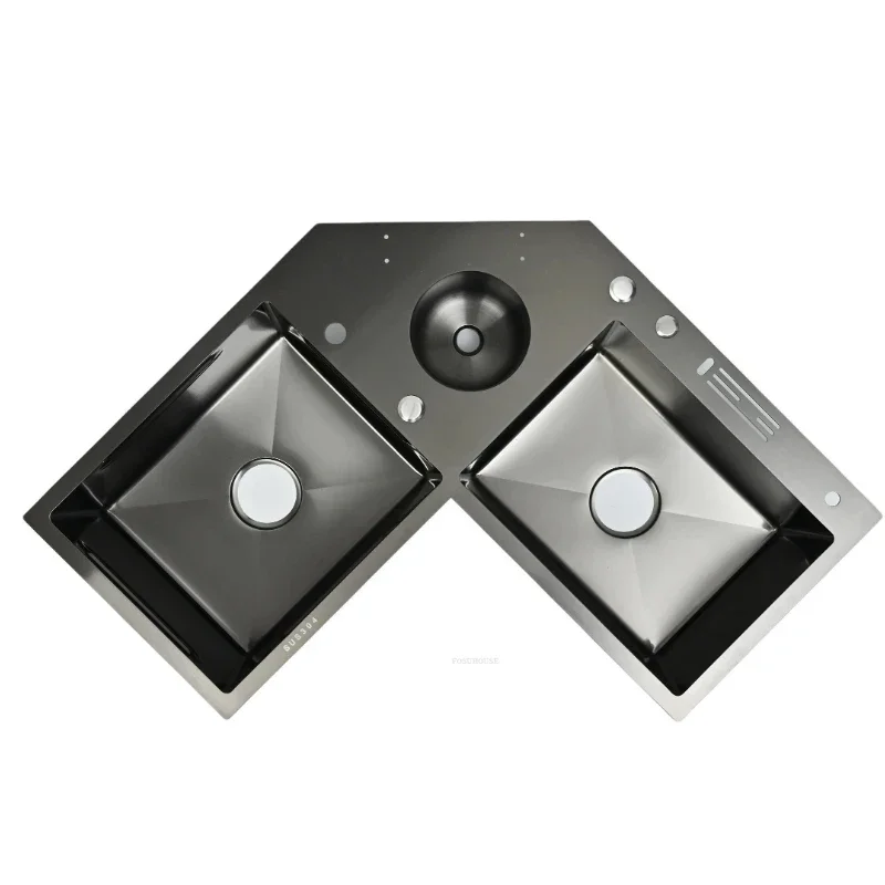 Stainless Steel Corner Kitchen Sinks Double-slot Dishwashing Sink for Kitchen L-shaped Large Corner Dishwashing Basin Handmade