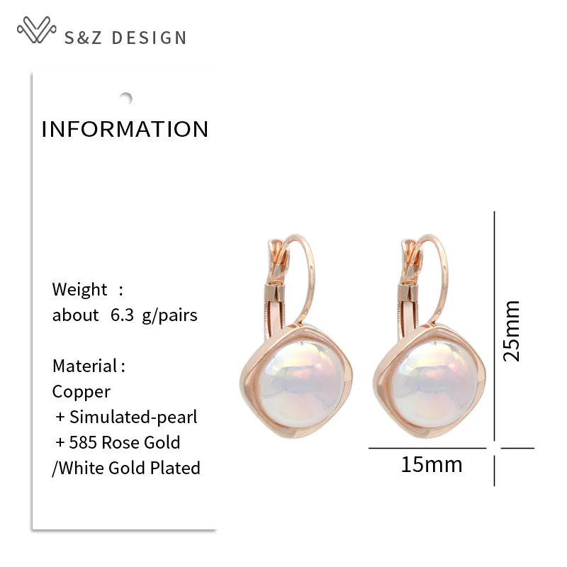 S&Z DESIGN New Trendy Luxury Round Crystal Simulated-pearl Dangle Earrings For Women Elegant 585 Rose Gold Color Jewelry