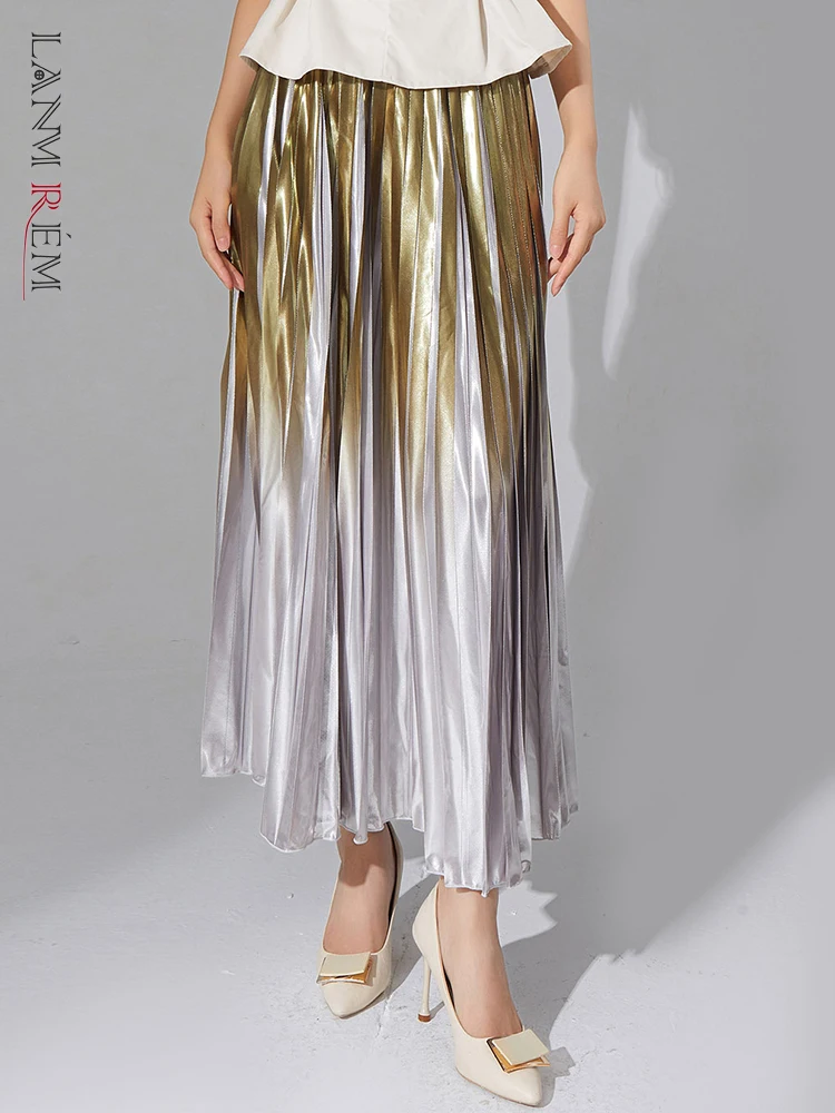 

LANMREM Fashion Sequins Contrast Color Skirt Pleated Women High Waist A-line Skirts Elegant 2023 Autumn New Clothing 2AA2751