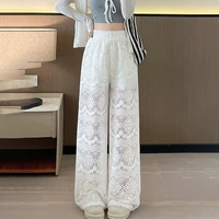 Blanc Sexy Dentelle Large Jambe Pantalon Femmes 2025 Nouveau Été Mince Haute Taille Creux Couture Avec Ceinture Chaîne Glace Soie Plancher Pantalons 5