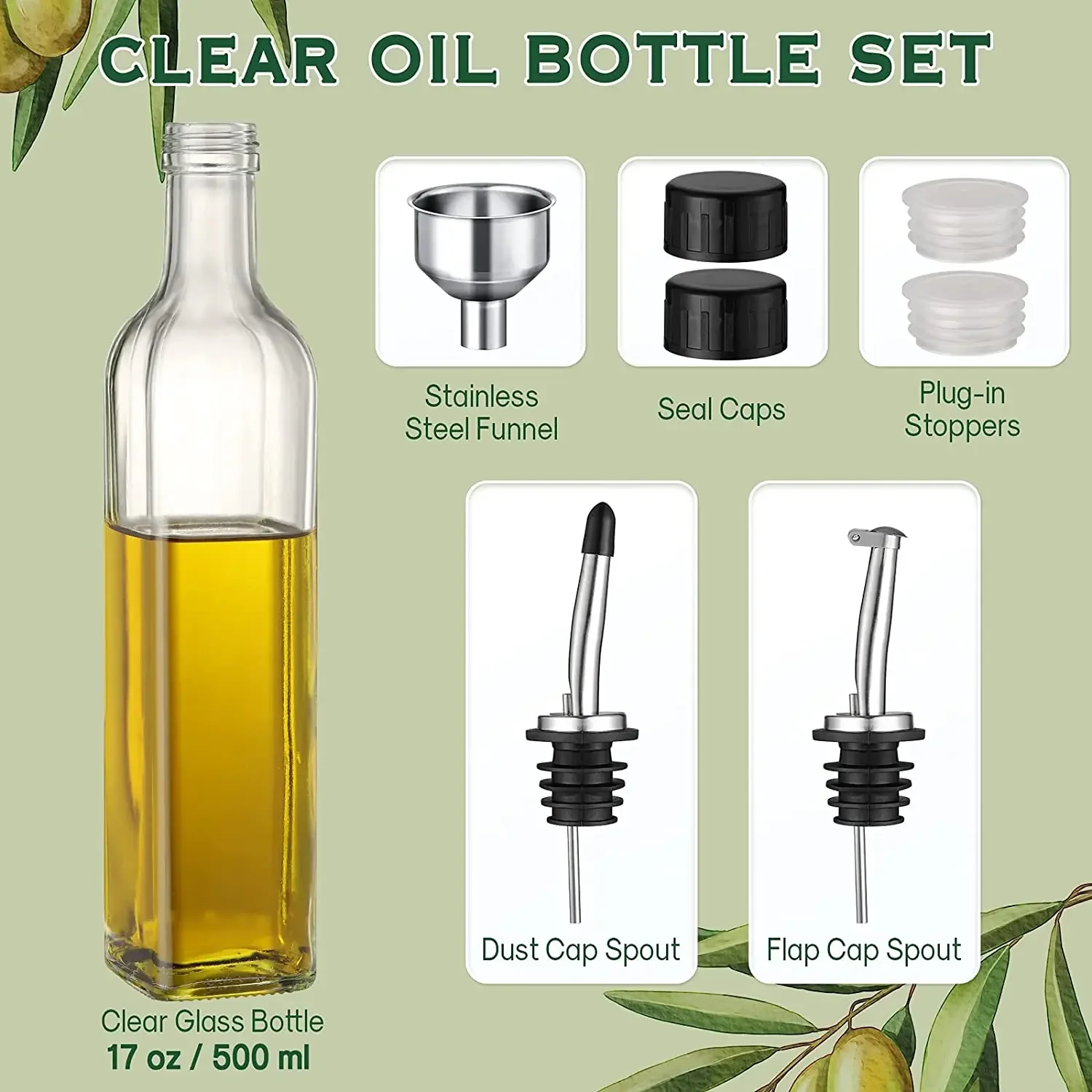 Olive Oil Dispenser Set 500ml Vinegar Cruet Carafe Decanter Measure Glass Cooking Container Oil Dispenser Bottle with Pourer