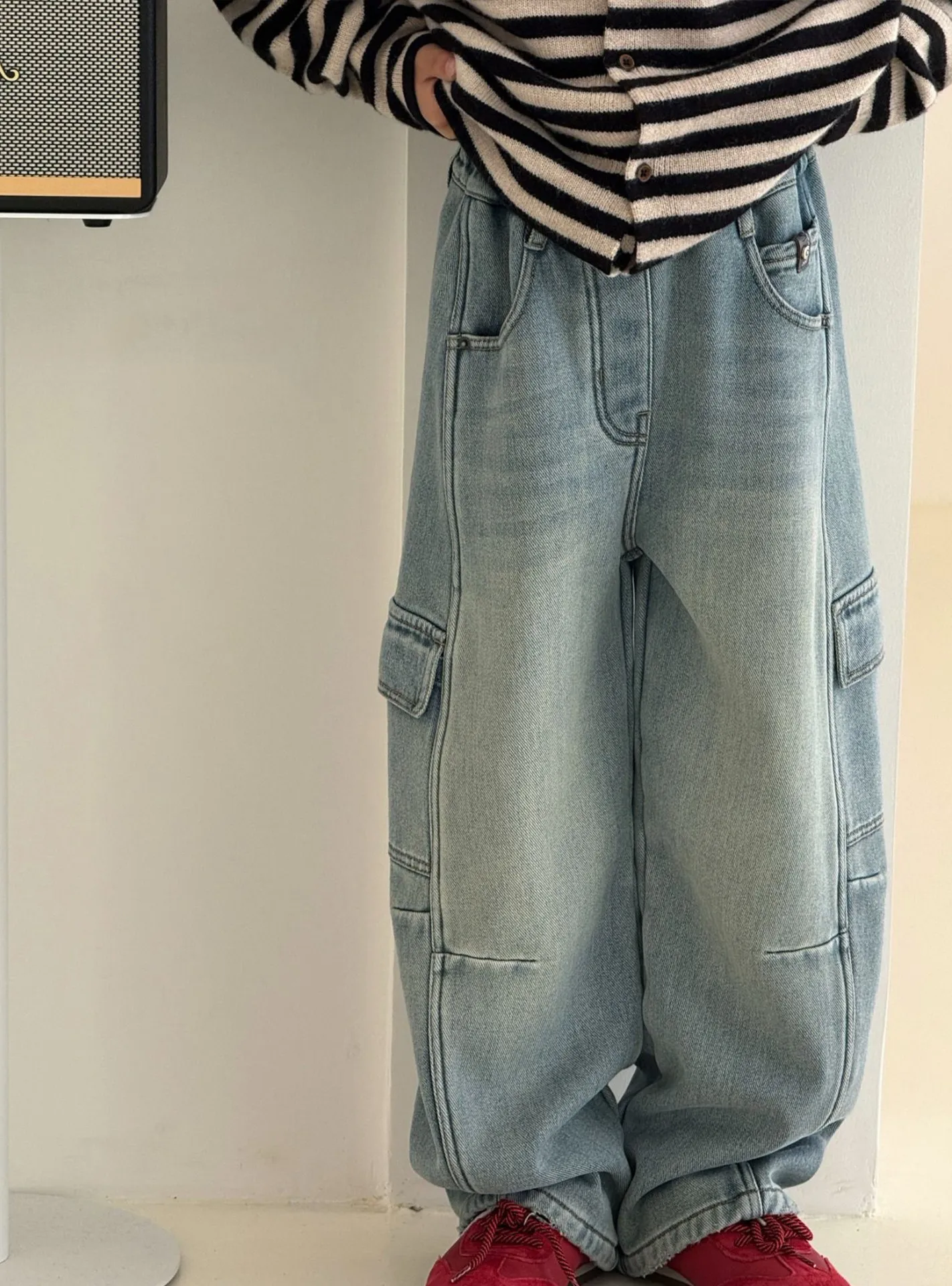 유니섹스 플리스 안감 와이드 레그 청바지 아동 겨울 의류 레트로 작업복 스타일 키즈 루즈핏 바지 남아 여아용