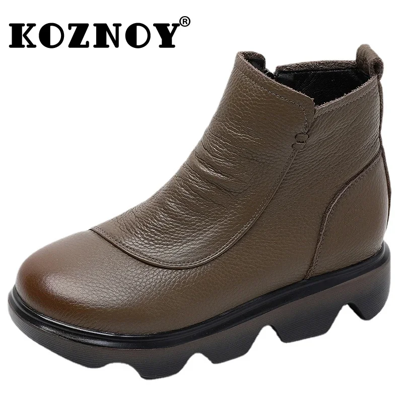 

Koznoy 4cm Chimney Booties Woman Winter Plush Spring Autumn Ankle Warm Natural Soft Platform Wedge Genuine Leather Boots Shoes