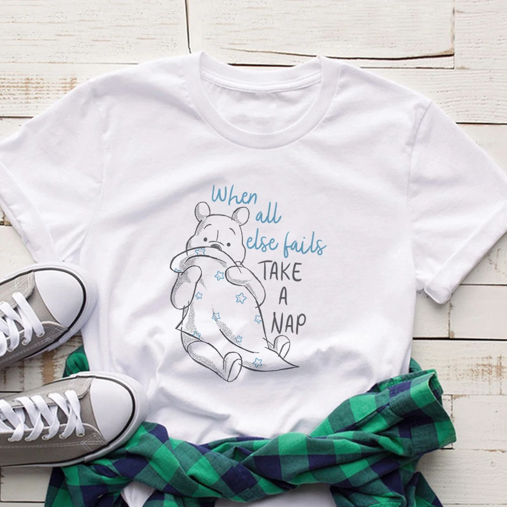 

Disney Pooh Bear Simple Style Women's T-shirts Trend Aesthetic Cute Girl Clothes Cozy Summer Home Shirt Thin O-neck Tops Tees