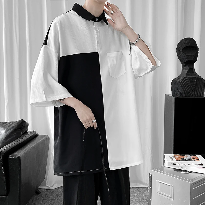 Patchwork Black White Ice Silk Japanese Harajuku Short Sleeve Shirt Men Oversized Blouse Summer Polo Fashion Casual New 2023 Top