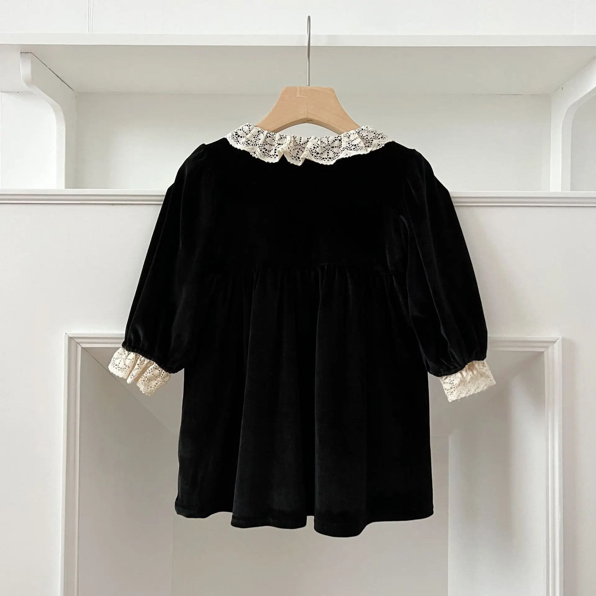 Kind Mädchen Zwei Stil Kleid Elegante Burgund Samt Outfits Spitze Peter Pan Kragen Spitze Getrimmt Manschetten Kinder Rock Baby Strampler – Detail 27