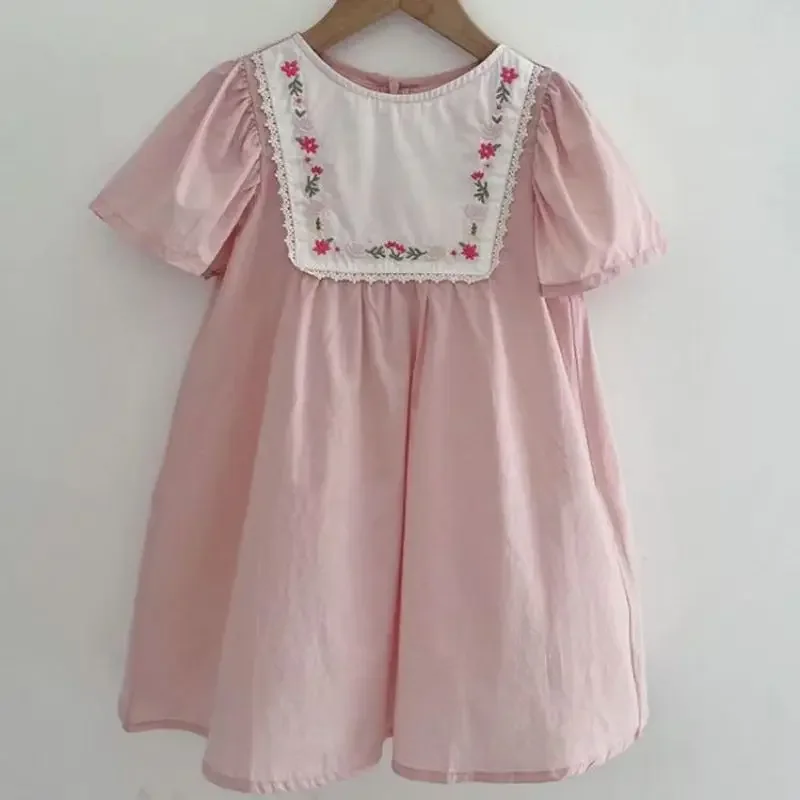 

Fashion Girl Flower Embroidery Retro Lace Dress Cotton Princess Casual Round Neck Summer New Sweet Kids Clothes 1-8Y