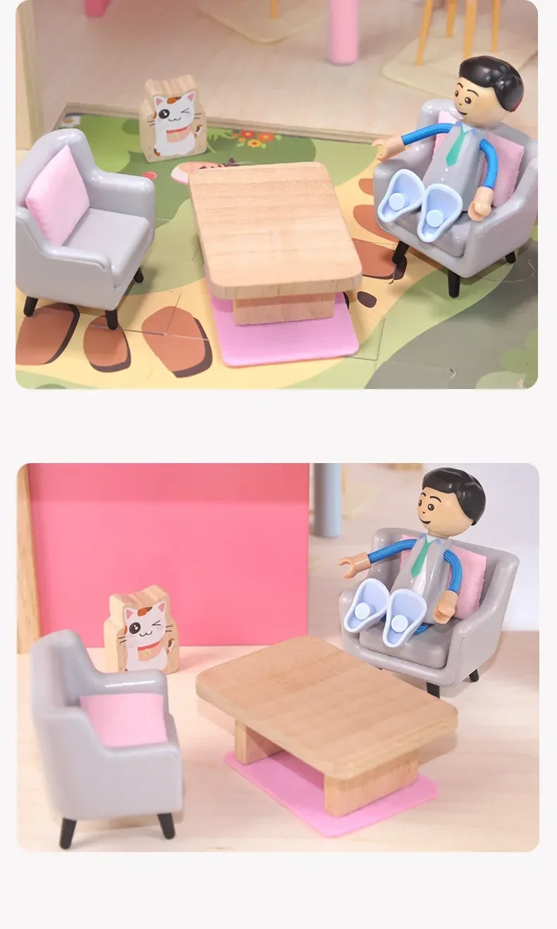 하이 퀄리티 나무 핑크 별장 유럽 공주 인형 방, 놀이 집 퍼즐 인터랙티브 장난감, 생일 선물, 50cm