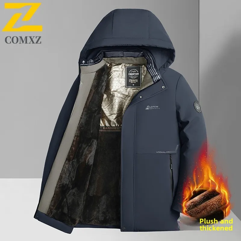 Men Detachable Hood windbreaker Fleece Lined Thickened Long Jacket Winter Thermal Windproof windproof Cold Weather Streetwear