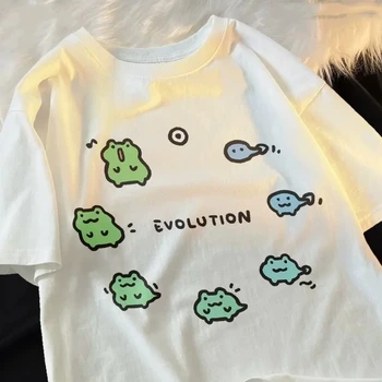 2025 New Frog Evolution Print Women's T-Shirt Japanese Retro Streetwear Casual Fashion Summer Tee Vintage Clothes 1